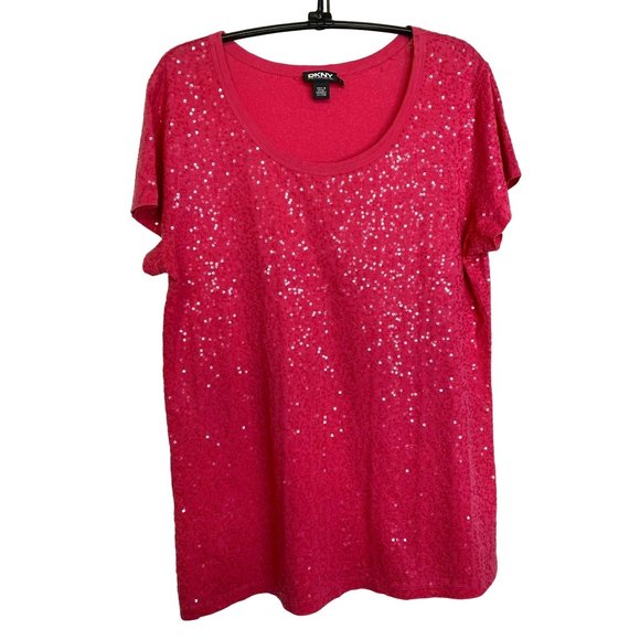 DKNY Womens Pink Sequined Short Sleeve Round Neck Top Size L Rave Party Sexy - Picture 1 of 8